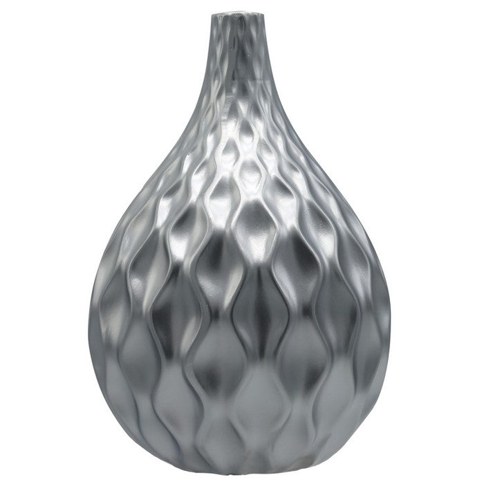 Bellied Ceramic Vase with Embossed Wave Design, Set of 2, Silver