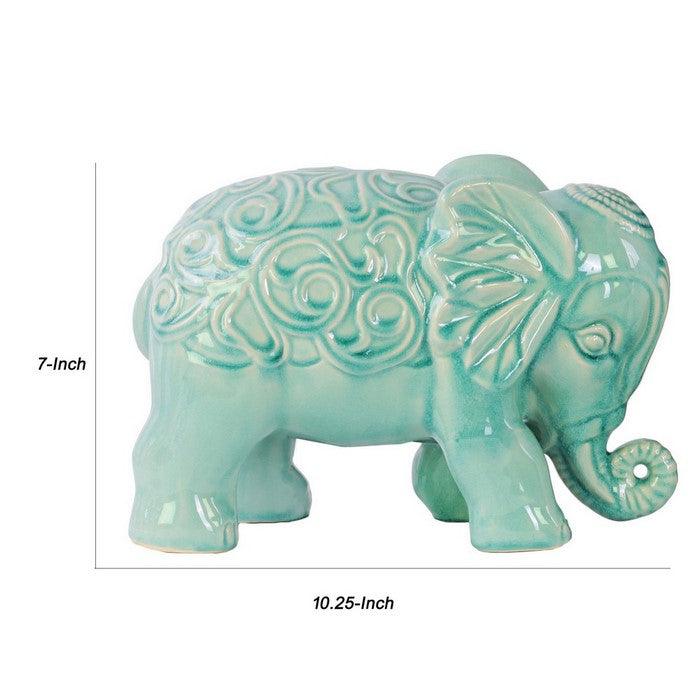 Embossed Swirl Design Ceramic Elephant Figurine, Set of 2, Blue