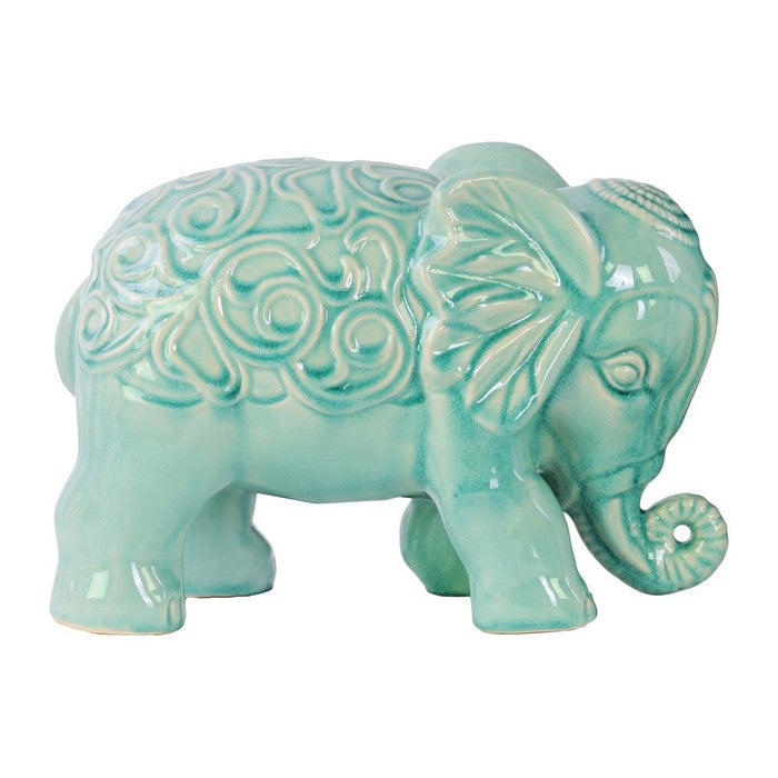 Embossed Swirl Design Ceramic Elephant Figurine, Set of 2, Blue