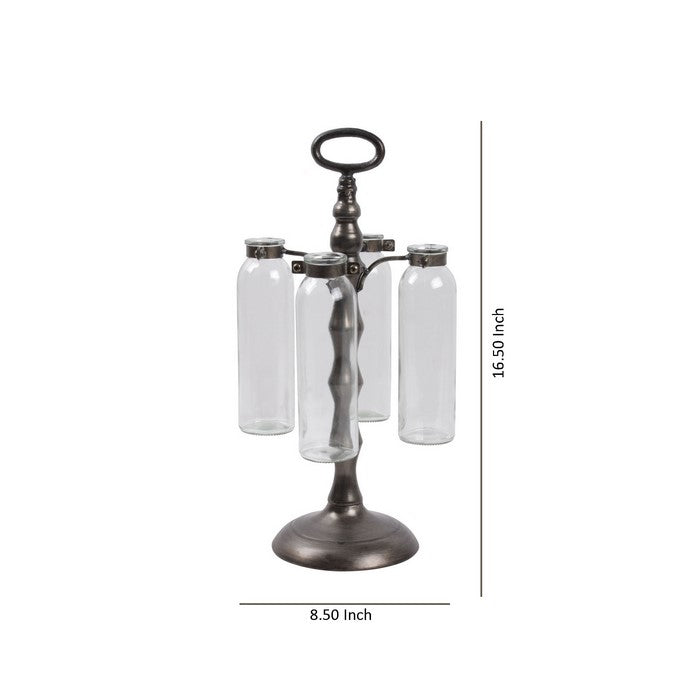 Cluster Hanging Bud Vase Holder with 4 Glass Bottles, Set of 2, Brown