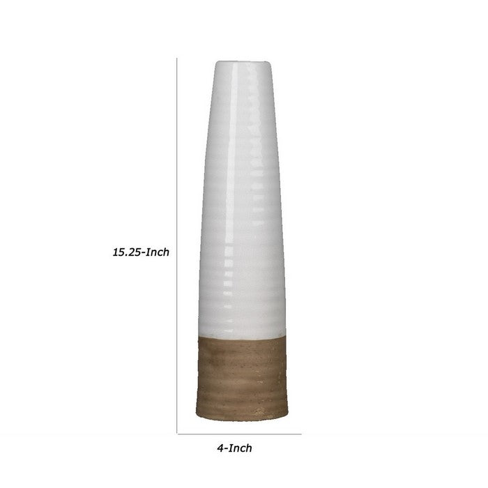 Tall Round Vase with Ribbed Pattern, Set of 2, White and Brown