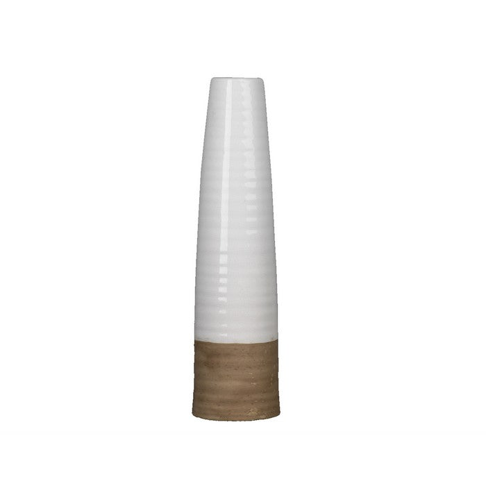 Tall Round Vase with Ribbed Pattern, Set of 2, White and Brown