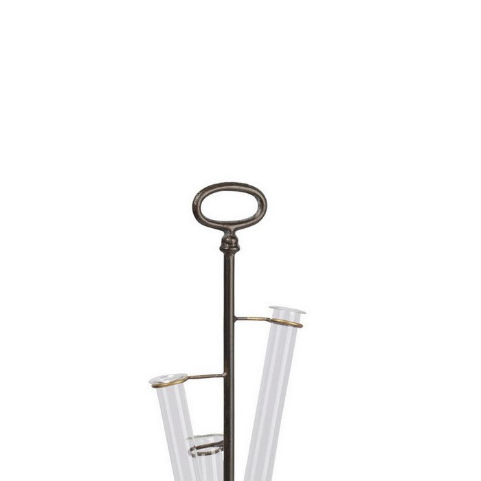 Metal Vase Holder with Round Base and 4 Glass Tubes, Set of 2, Bronze