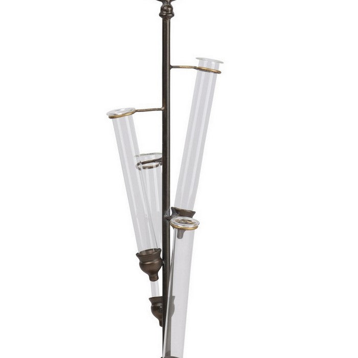 Metal Vase Holder with Round Base and 4 Glass Tubes, Set of 2, Bronze