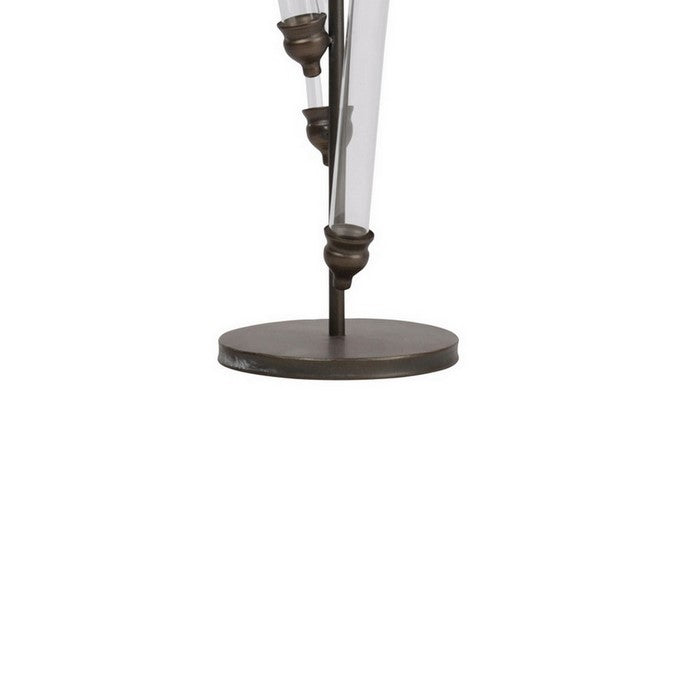 Metal Vase Holder with Round Base and 4 Glass Tubes, Set of 2, Bronze