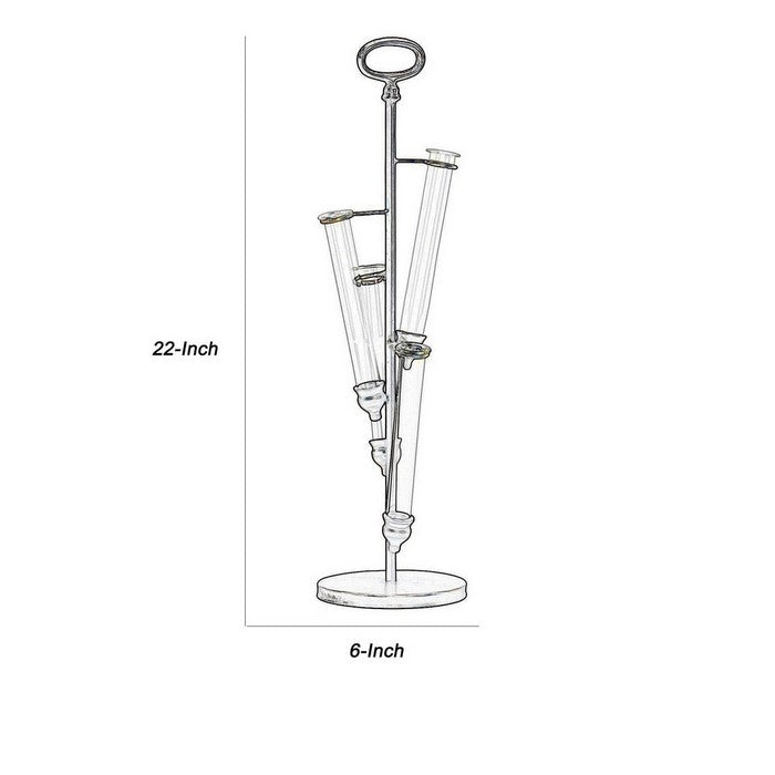 Metal Vase Holder with Round Base and 4 Glass Tubes, Set of 2, Bronze
