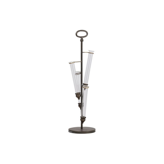 Metal Vase Holder with Round Base and 4 Glass Tubes, Set of 2, Bronze