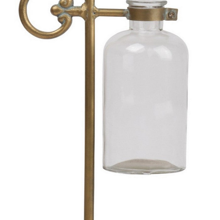 Bud Vase Holder with Suspended Glass Bottle, Set of 2, Gold