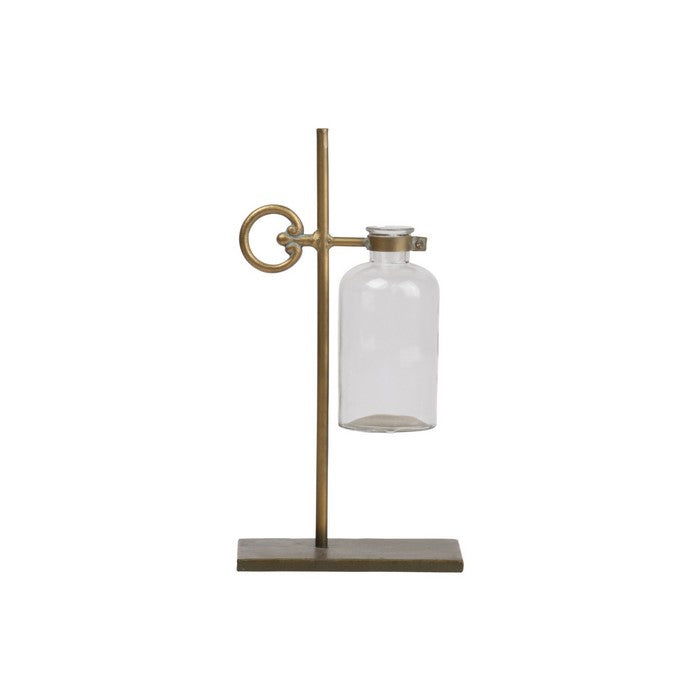 Bud Vase Holder with Suspended Glass Bottle, Set of 2, Gold