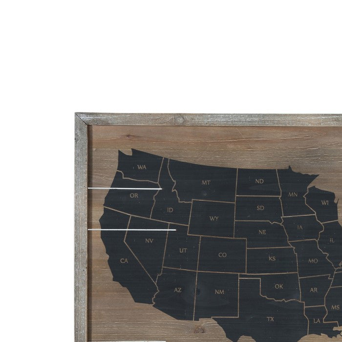 Wooden Rectangle Wall Art with USA Map Print, Set of 2, Black and Brown