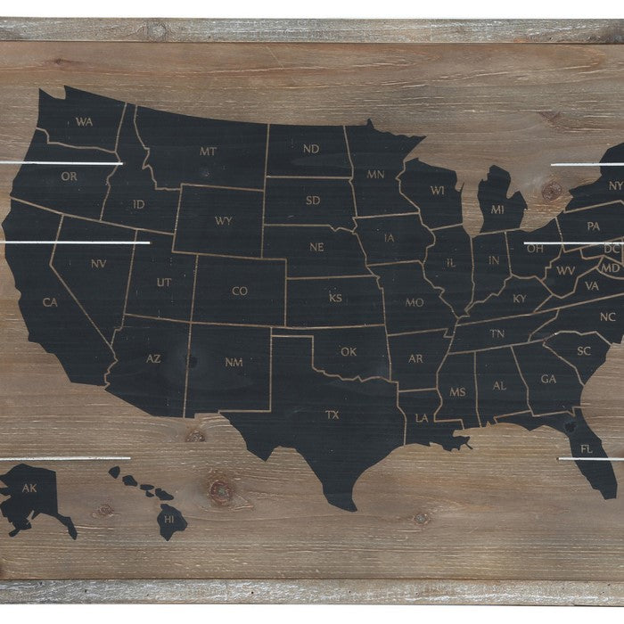 Wooden Rectangle Wall Art with USA Map Print, Set of 2, Black and Brown