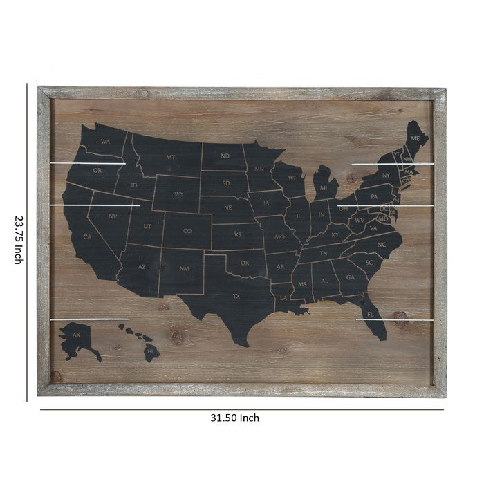 Wooden Rectangle Wall Art with USA Map Print, Set of 2, Black and Brown