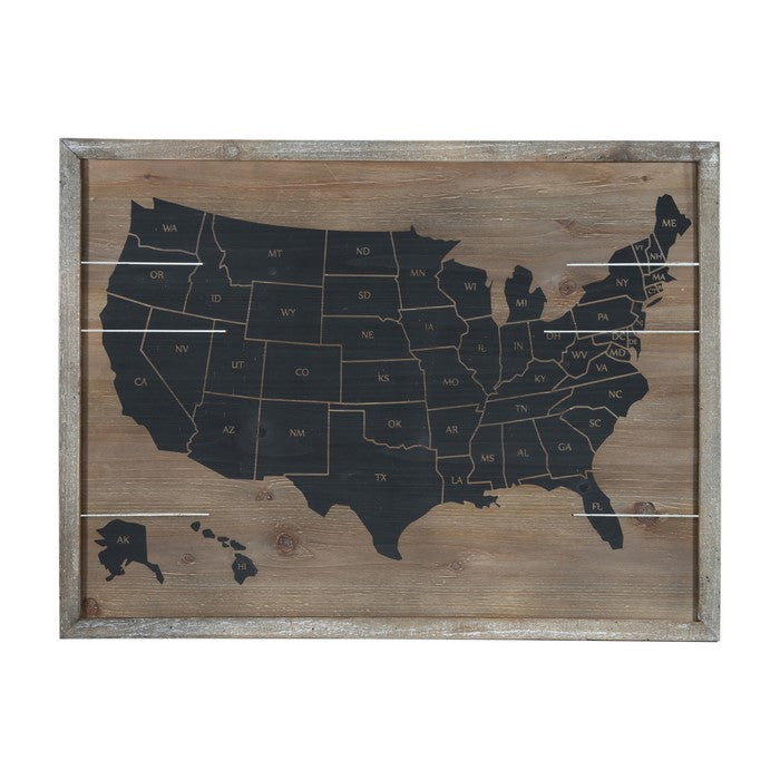 Wooden Rectangle Wall Art with USA Map Print, Set of 2, Black and Brown