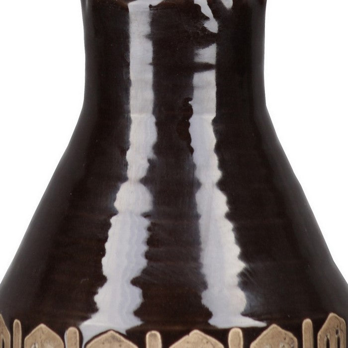 Ceramic Vase with Gloss Finish and Banded Tribal Bottom, Set of 2, Brown