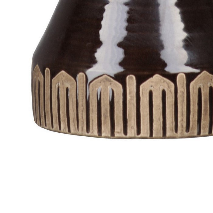 Ceramic Vase with Gloss Finish and Banded Tribal Bottom, Set of 2, Brown