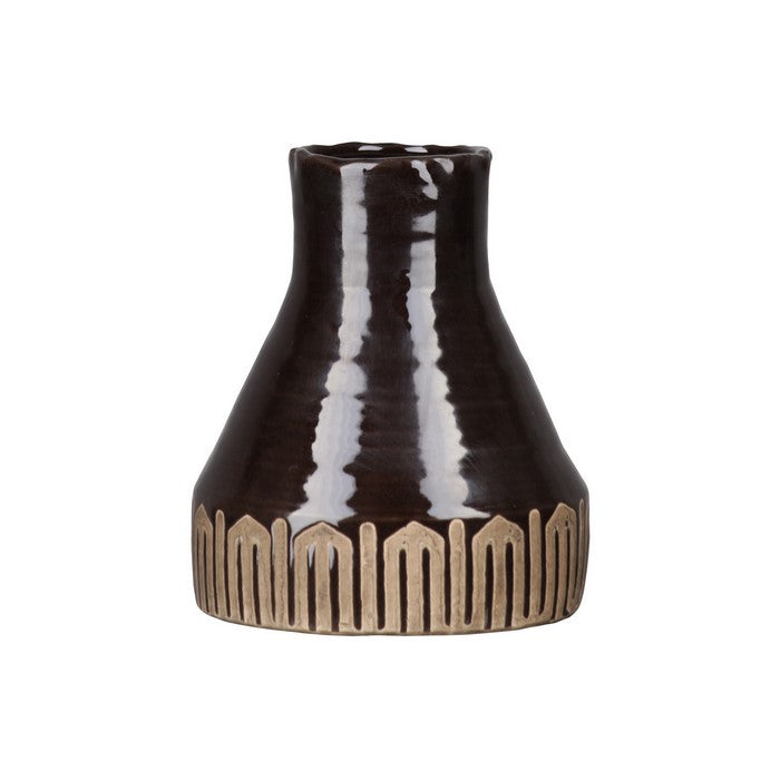 Ceramic Vase with Gloss Finish and Banded Tribal Bottom, Set of 2, Brown