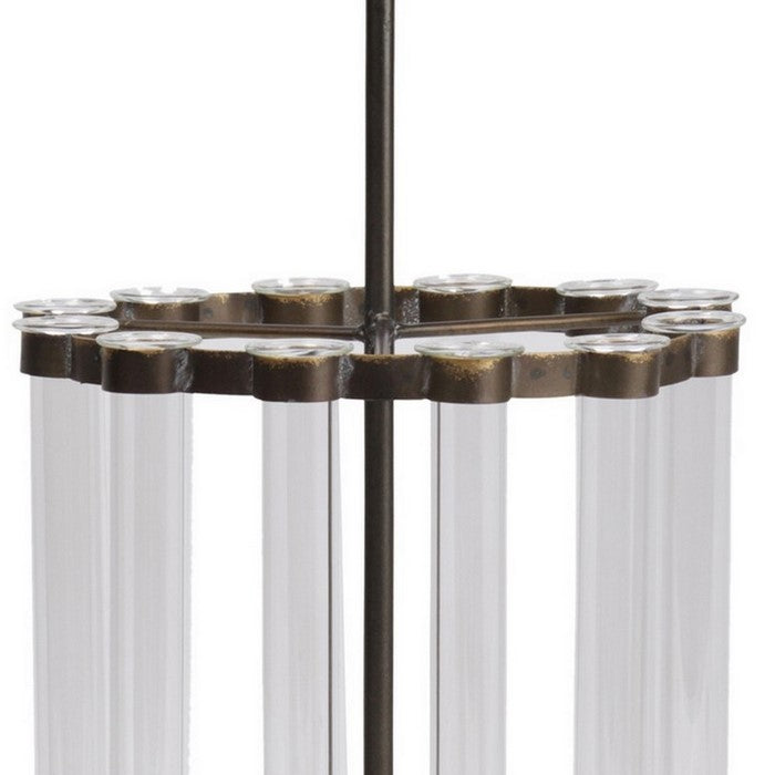 Round Metal Bud Vase Holder with 12 Hanging Glass Bottles, Set of 2, Bronze