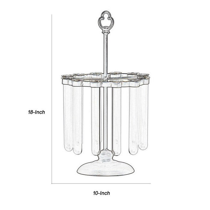 Round Metal Bud Vase Holder with 12 Hanging Glass Bottles, Set of 2, Bronze