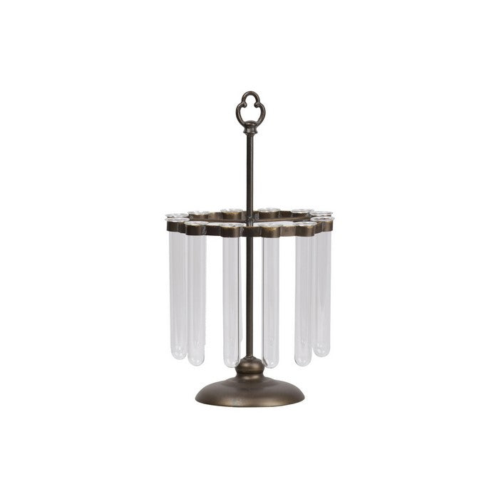 Round Metal Bud Vase Holder with 12 Hanging Glass Bottles, Set of 2, Bronze