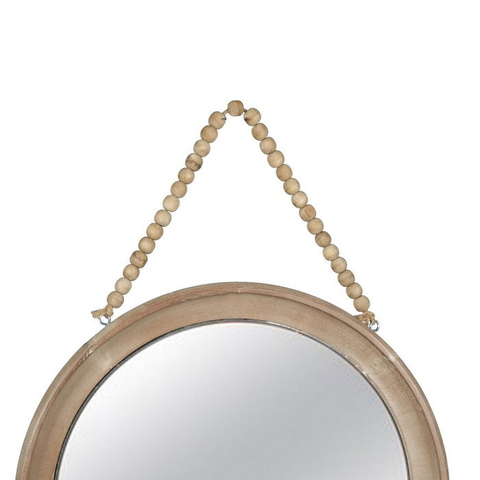 Round Wood Encased Mirror with Beaded Hanger, Large, Set of 2, Brown
