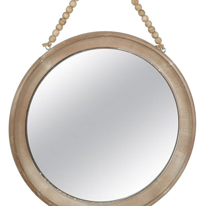Round Wood Encased Mirror with Beaded Hanger, Large, Set of 2, Brown