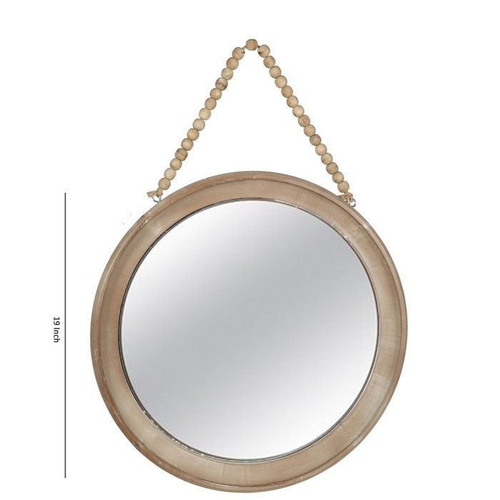 Round Wood Encased Mirror with Beaded Hanger, Large, Set of 2, Brown