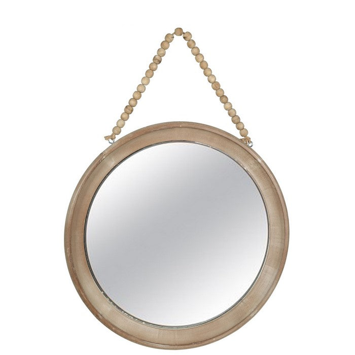 Round Wood Encased Mirror with Beaded Hanger, Large, Set of 2, Brown