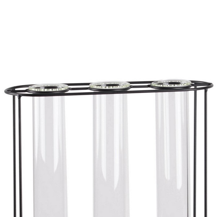 Rectangular Bud Vase Holder with 3 Hanging Glass Tubes, Set of 2, Black