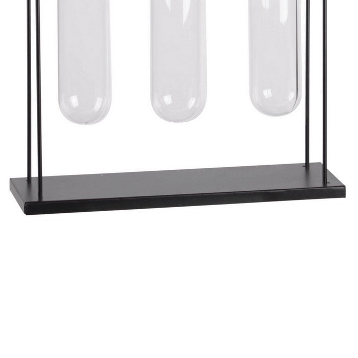 Rectangular Bud Vase Holder with 3 Hanging Glass Tubes, Set of 2, Black