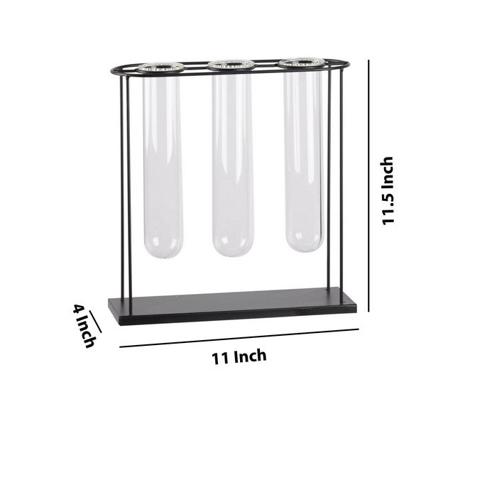 Rectangular Bud Vase Holder with 3 Hanging Glass Tubes, Set of 2, Black
