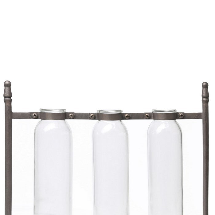 Rectangular Bud Vase Holder with 3 Hanging Glass Bottles, Set of 2, Copper