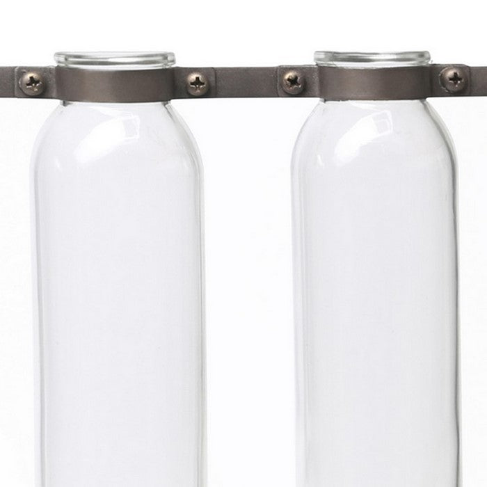 Rectangular Bud Vase Holder with 3 Hanging Glass Bottles, Set of 2, Copper