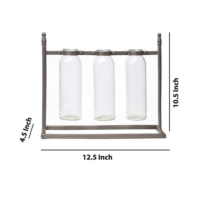 Rectangular Bud Vase Holder with 3 Hanging Glass Bottles, Set of 2, Copper