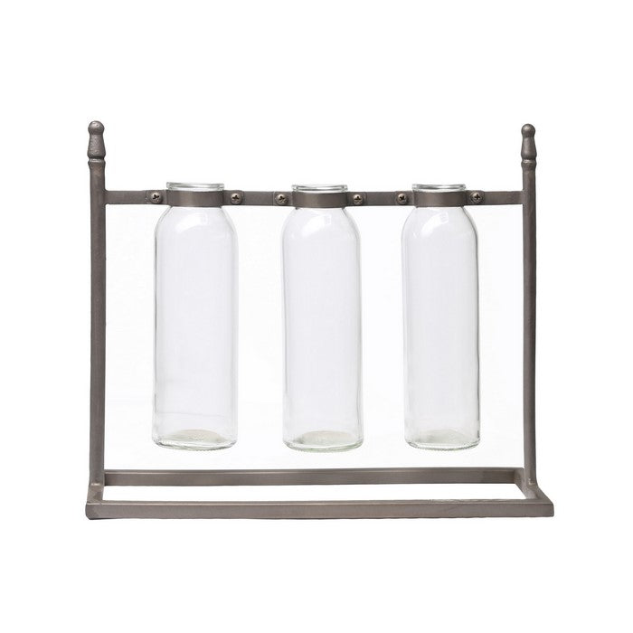 Rectangular Bud Vase Holder with 3 Hanging Glass Bottles, Set of 2, Copper