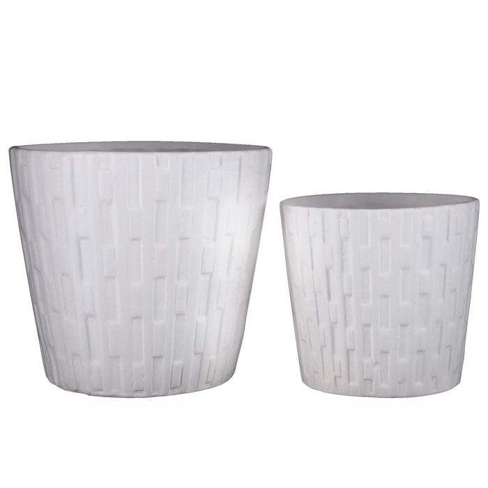 Ceramic Round Pot with Engraved Lines and Tapered Bottom, Set of 2, White