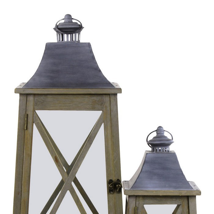 Wooden Lantern with Finial Top and X Shape Fronts, Set of 2, Brown