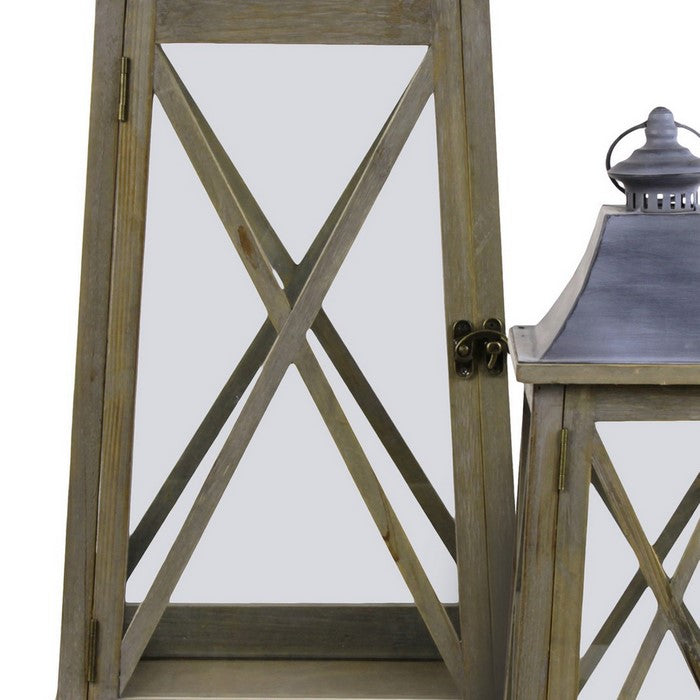 Wooden Lantern with Finial Top and X Shape Fronts, Set of 2, Brown