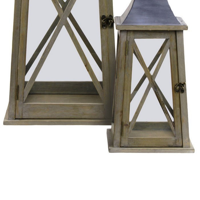 Wooden Lantern with Finial Top and X Shape Fronts, Set of 2, Brown