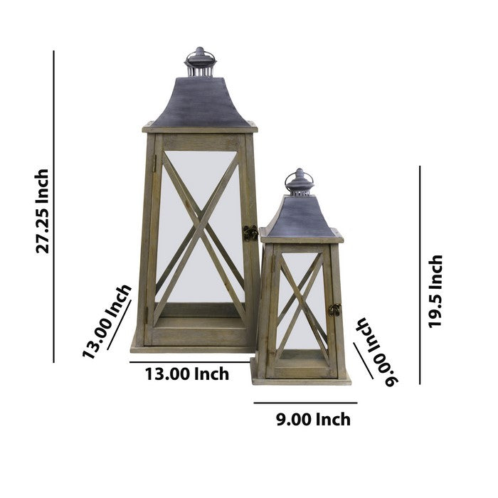 Wooden Lantern with Finial Top and X Shape Fronts, Set of 2, Brown