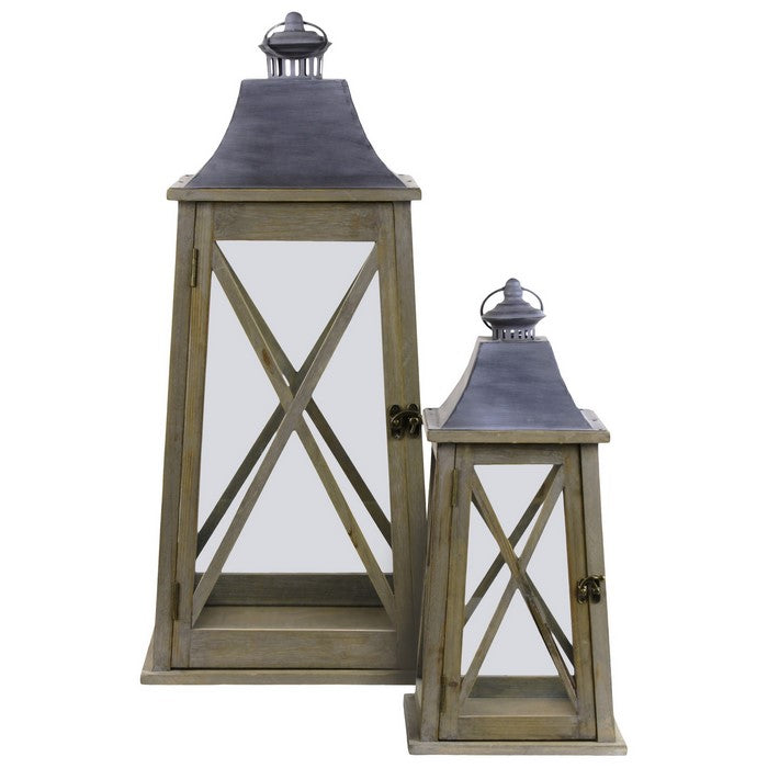 Wooden Lantern with Finial Top and X Shape Fronts, Set of 2, Brown