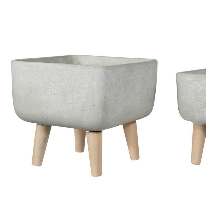 Square Cement Pot with Detachable Wooden Legs, Set of 2, White and Brown