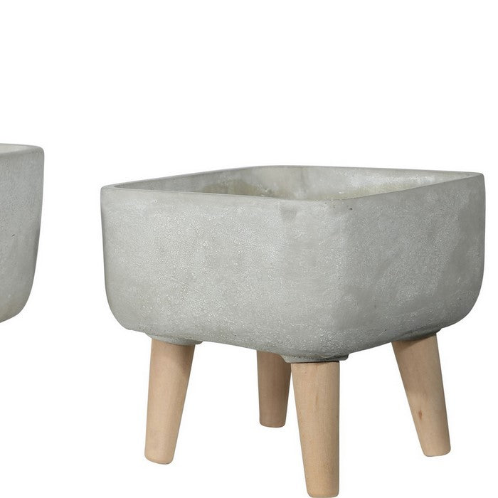 Square Cement Pot with Detachable Wooden Legs, Set of 2, White and Brown
