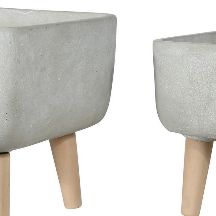 Square Cement Pot with Detachable Wooden Legs, Set of 2, White and Brown