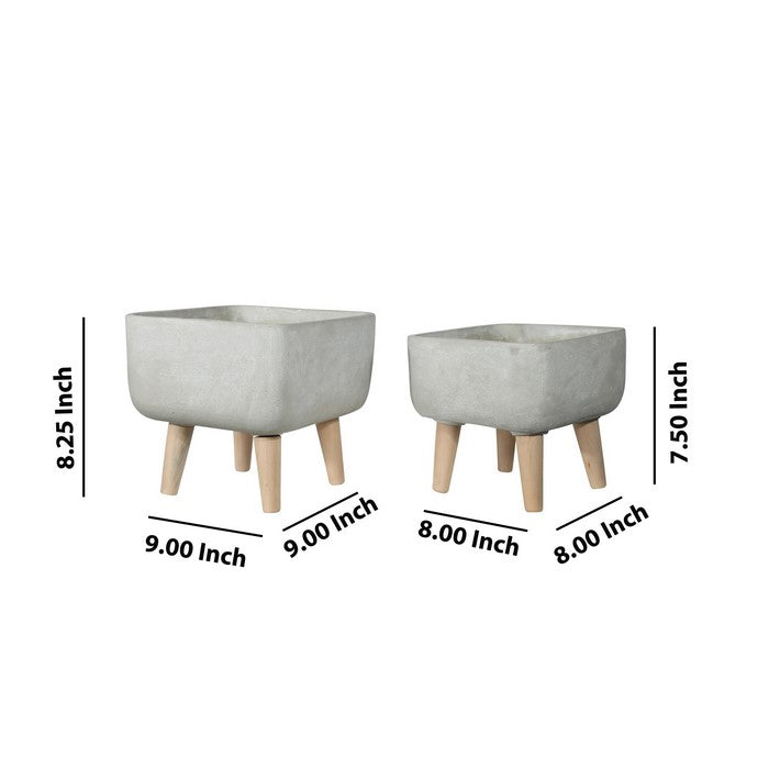 Square Cement Pot with Detachable Wooden Legs, Set of 2, White and Brown