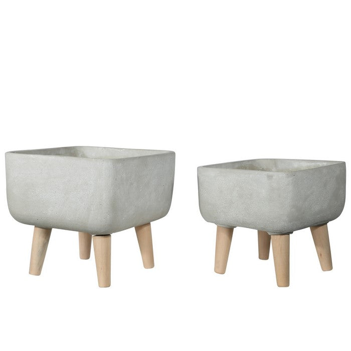 Square Cement Pot with Detachable Wooden Legs, Set of 2, White and Brown