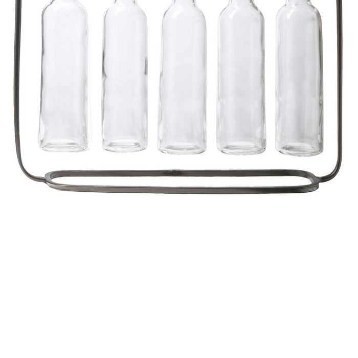Hanging 5 Glass Bottle Bud Vase with Capsule Base, Set of 2, Gray and Clear