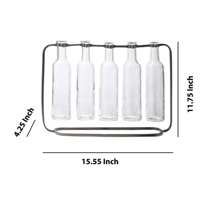 Hanging 5 Glass Bottle Bud Vase with Capsule Base, Set of 2, Gray and Clear