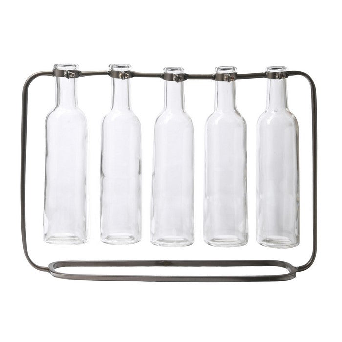 Hanging 5 Glass Bottle Bud Vase with Capsule Base, Set of 2, Gray and Clear