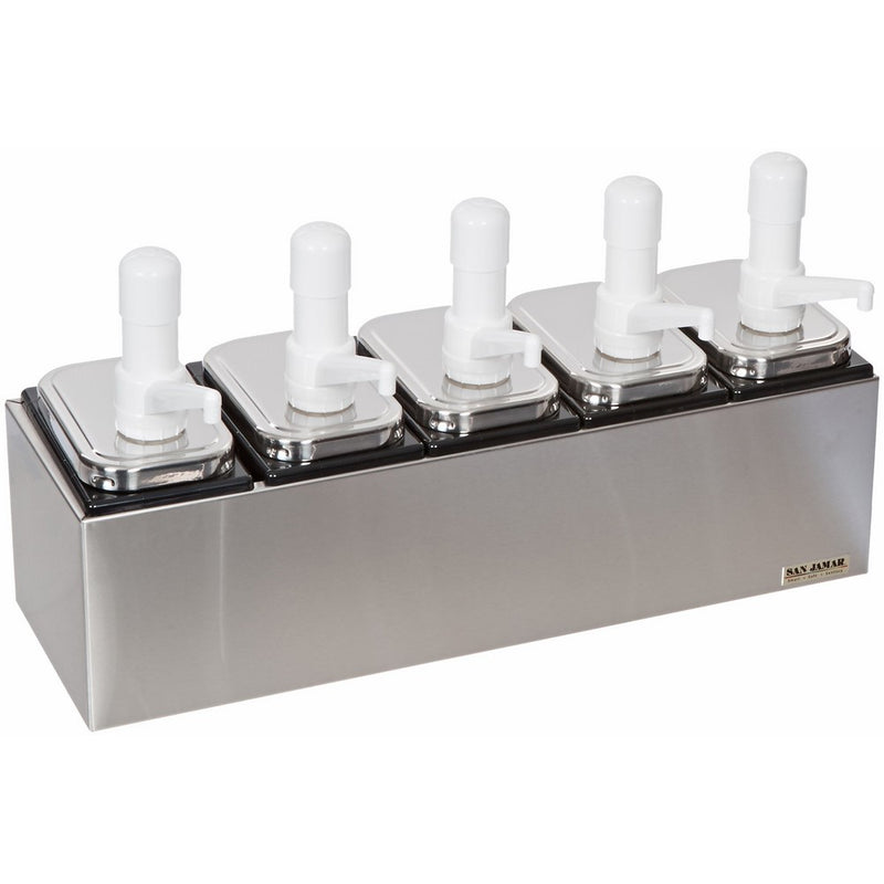 San Jamar P9715 Stainless Steel Condiment Pump Service Center with 5 Wells Black Jars, 24" Length x 7-7/8" Width x 12-1/2" Height