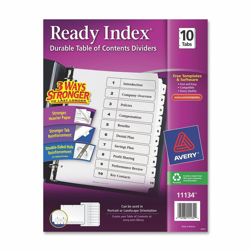 Avery Ready Index Table of Contents Dividers, White, 10 Tabs, 1 Set (11134)